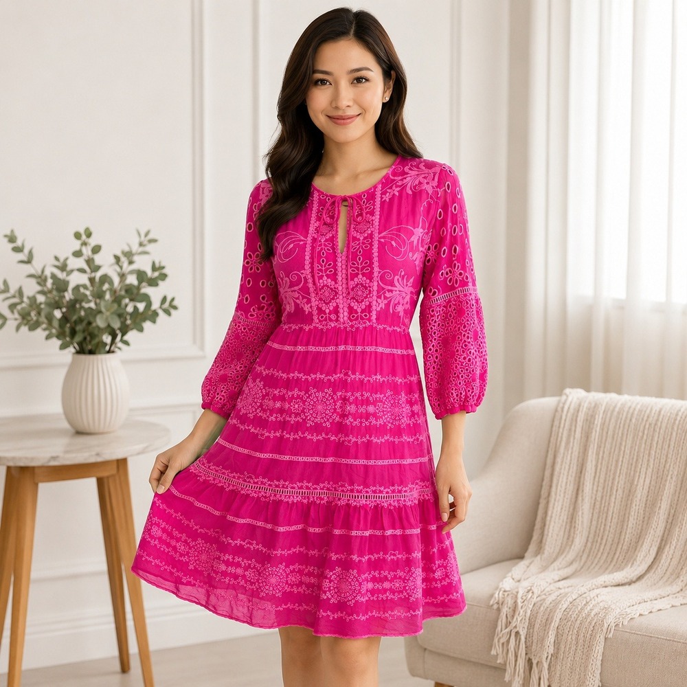 NWT Johnny Was Delina Tunic Dress XS Pink Embroidered Eyelet Boho $335